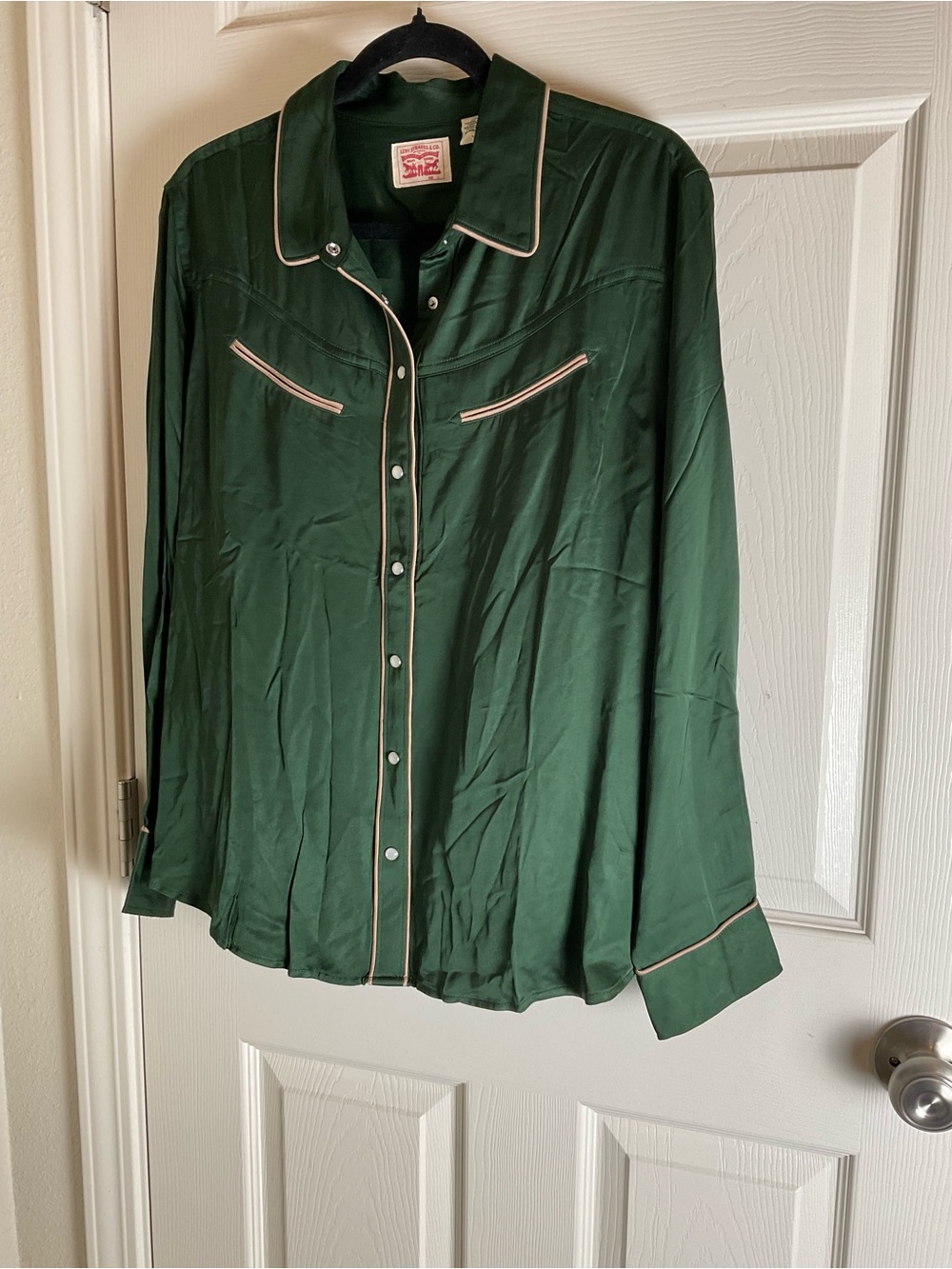 Levi’s Green Satin Viscose Ultimate Western Shirt Contrast Piping Snap Front L - Picture 2 of 8